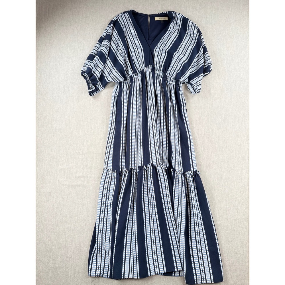 Taylor Navy White Striped Polka Dot V-Neck Tiered Maxi Dress Size 14